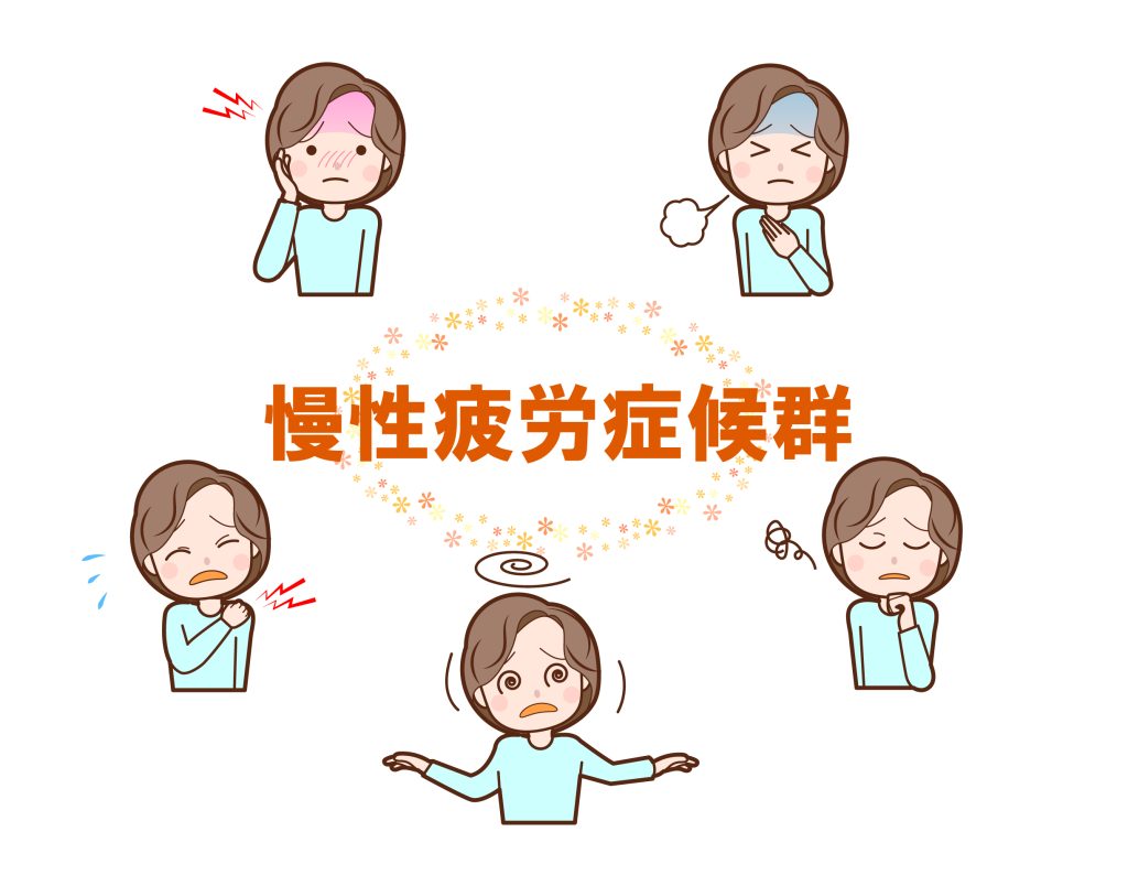 慢性疲労症候群とその症状を示すイラストとタイトル文字